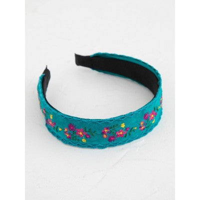 Velvet Embroidered Headband - Turquoise