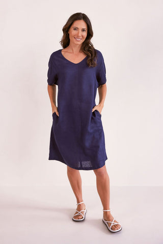 Linen V Neck Swing Dress By See Saw - Navy