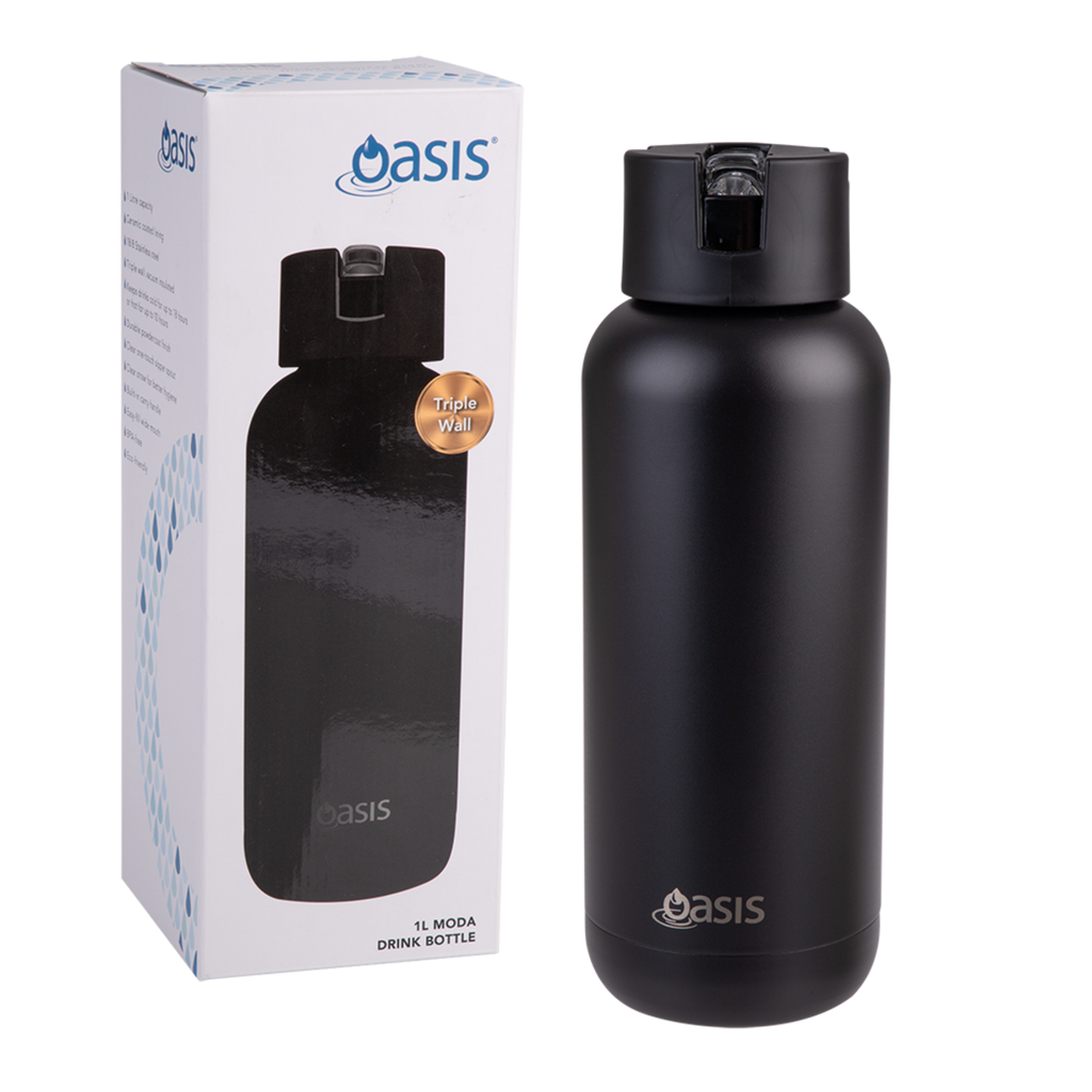 Oasis Moda Ceramic Lined S/S Triple Wall Insulated 1 Litre Drink Bottle - Black