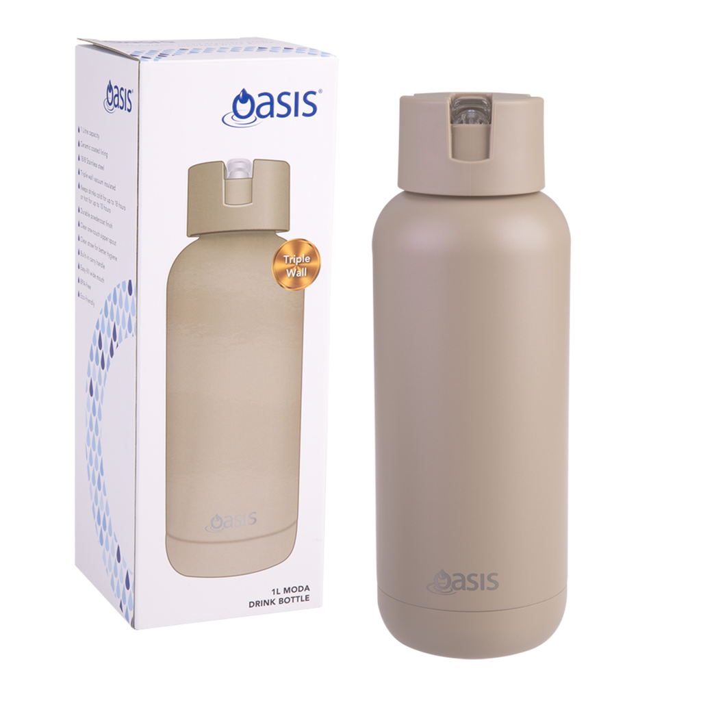 Oasis Moda Ceramic Lined S/S Triple Wall Insulated 1 Litre Drink Bottle - Latte