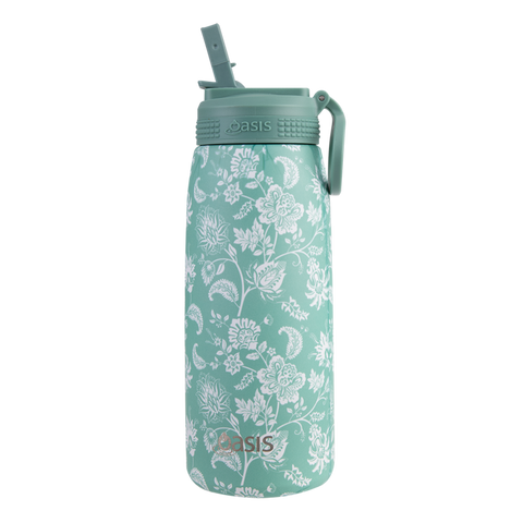 Oasis Insulated Sports Bottle With Straw - Green Paisley