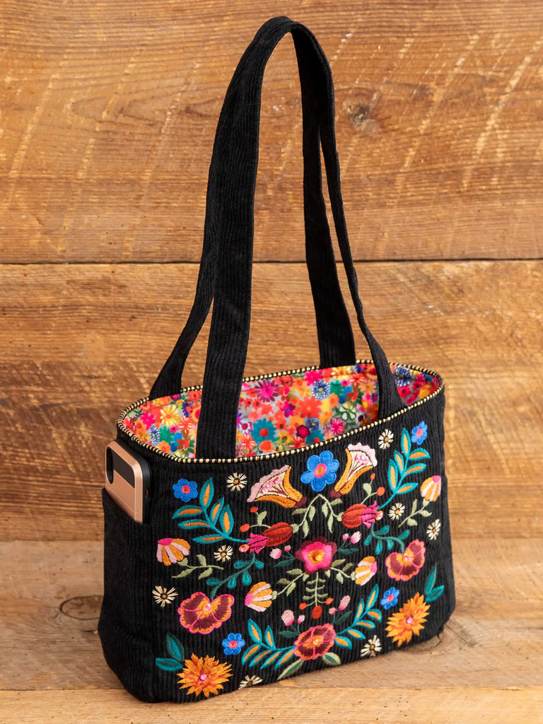 Embroidered Corduroy Tote - Black