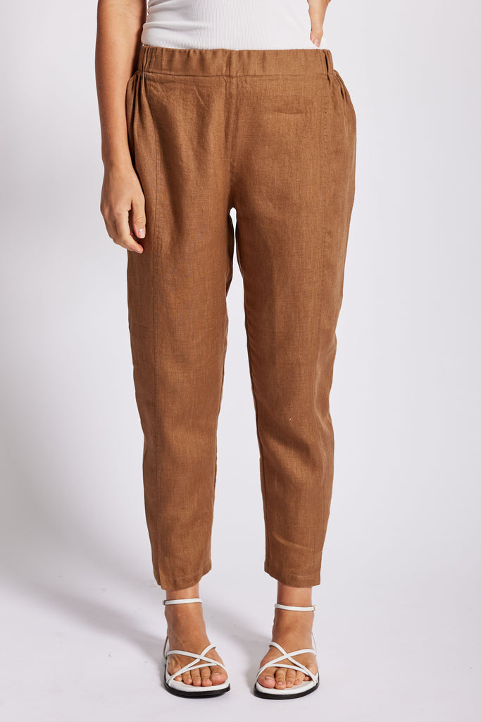 Seam Detail 7/8 Linen Pant With Split - Toffee