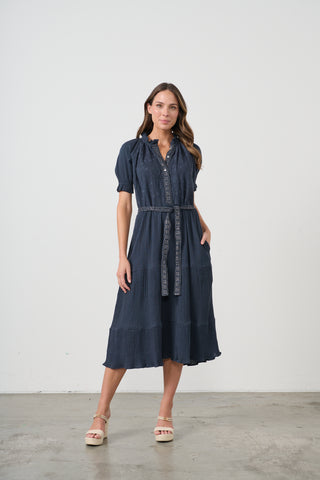 Self Coloured Embroidery Dress With Belt By Caju - Navy