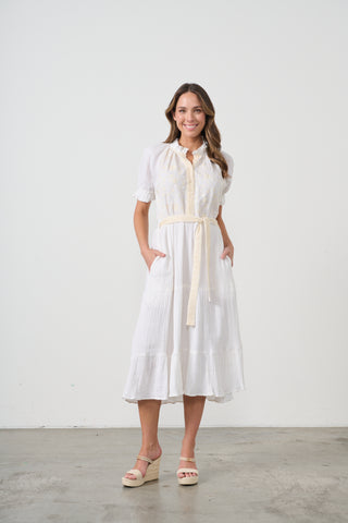 Self Coloured Embroidery Dress With Belt By Caju - Cream