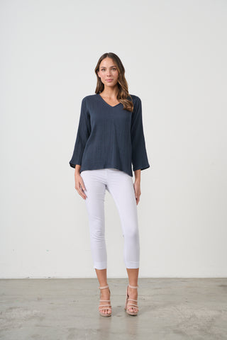 Relaxed Fit V Neck Blouse By Caju - Navy