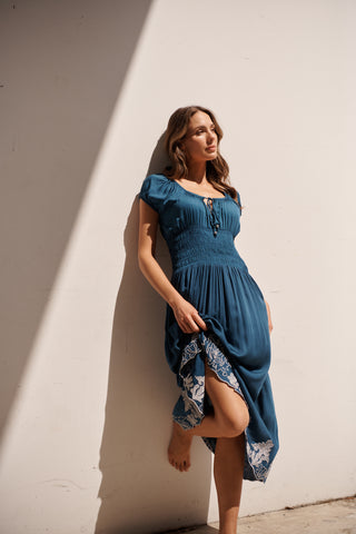 Shirred Waist Contrast Embroidery Dress By Caju