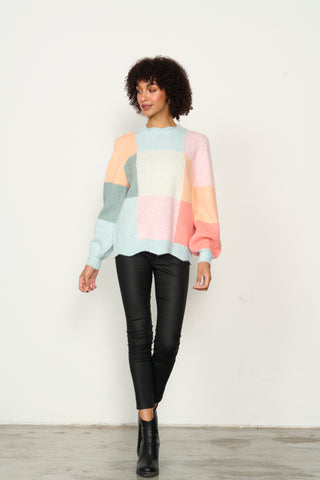 Patchwork Jumper With Scalloped Hem By Caju - Sky
