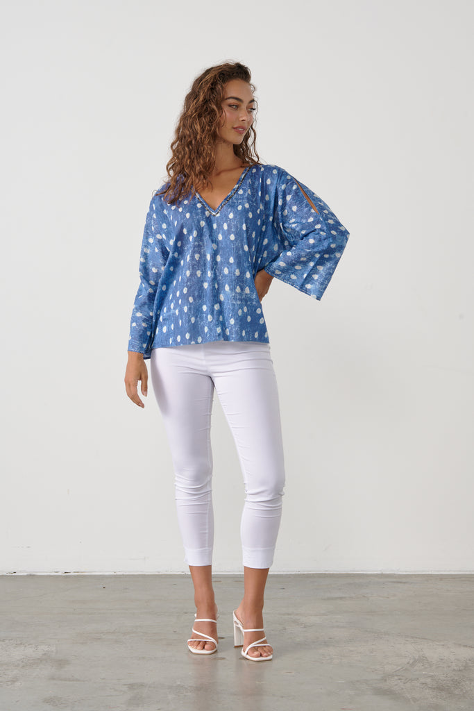 Split Sleeve Feature Blouse By Caju - Blue