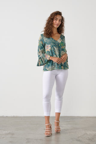 V Neck Ruffle Sleeve End Top By Caju - Jungle Print