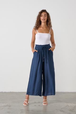 Wide Leg Elastic Waist Pant By Caju - Navy