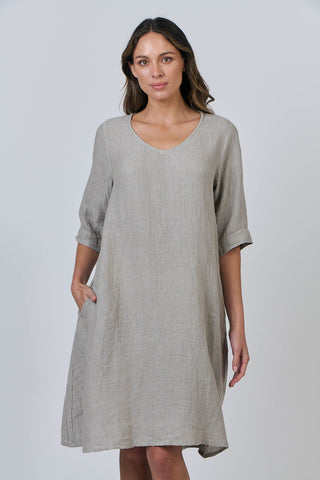 V Neck 3/4 Sleeve Linen Dress By NaturalsBy O&J - Cement
