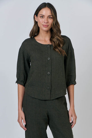 Button Through Relax Fit Linen Top By Naturals By O&J - Licorice