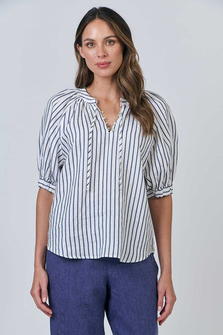 Tie Collar Neckline Linen Top By Naturals By O&J - Blueberry Stripe