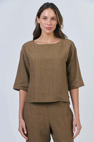 Round Neck 3/4 Sleeve Linen Top By Naturals By O&J - Tobacco