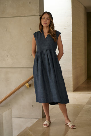 V Neck Cap Sleeve Linen Dress Naturals By O&J - Poseidon
