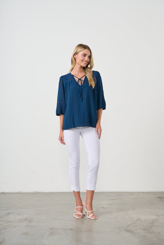 Seersucker Neck Tie Blouse By Holmes & Fallon - Navy
