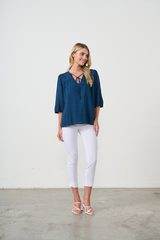 Seersucker Neck Tie Blouse By Holmes & Fallon - Navy