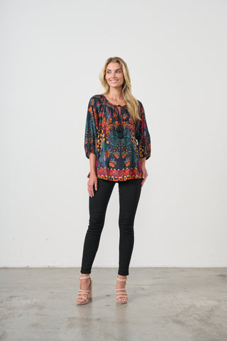 Tie Neckline Blouse By Holmes & Fallon - Tropical Print Black