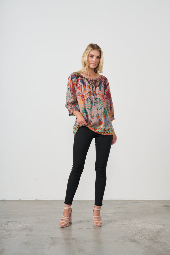 Tie Neckline Blouse By Holmes & Fallon - Tropical Print Mushroom