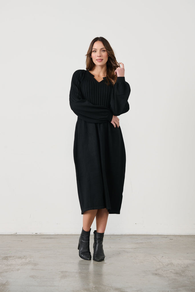 Half Rib Puff Sleeve Knit Dress By Caju - Black