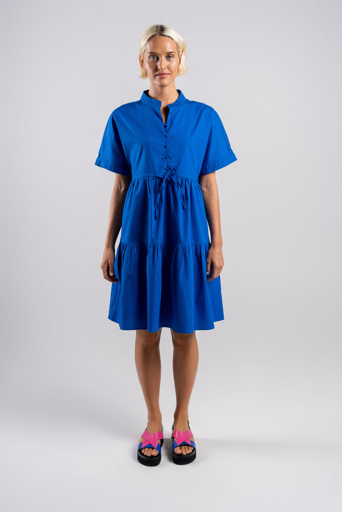 Short Sleeve Tiered 100% Cotton Dress By Wear Colour - Blue