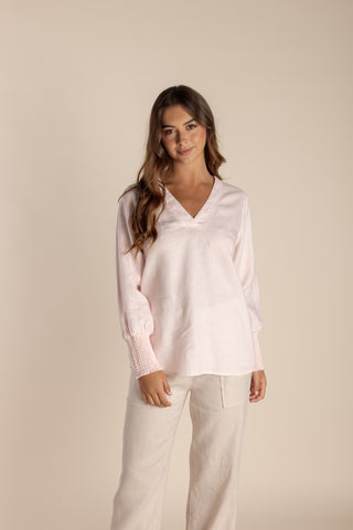Linen Top With Shirred Cuff By Two T's - Pale Pink