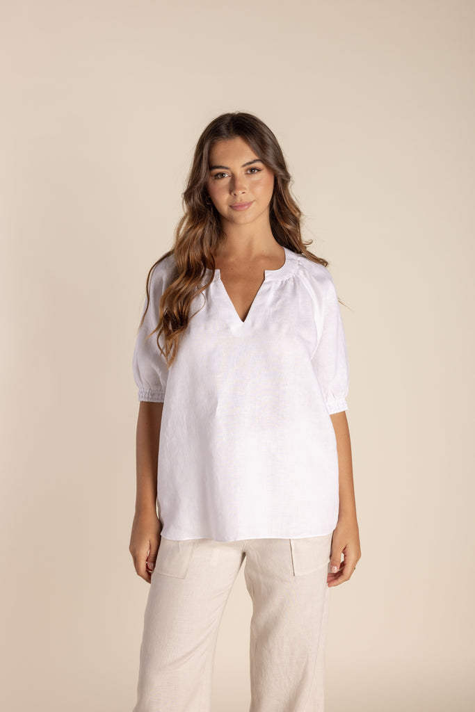 Linen Puff Sleeve Top By Two T's - White