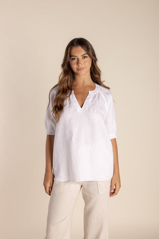 Linen Puff Sleeve Top By Two T's - White