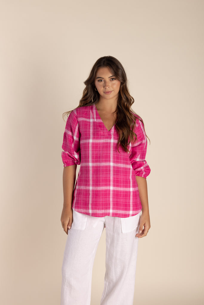 Checked Shirred Cuff Top By Two T's - Raspberry