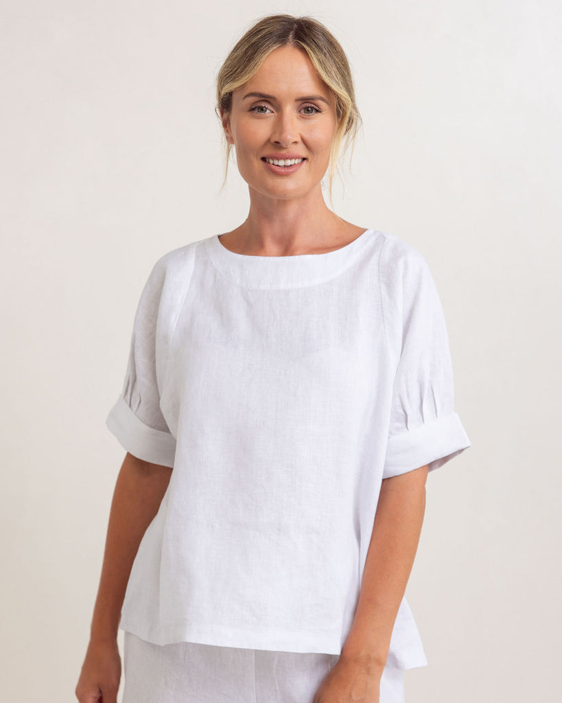 Linen Cuff Sleeve A Line Top By See Saw - White