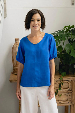 V Neck Linen Swing Top By See Saw - Santorini Blue