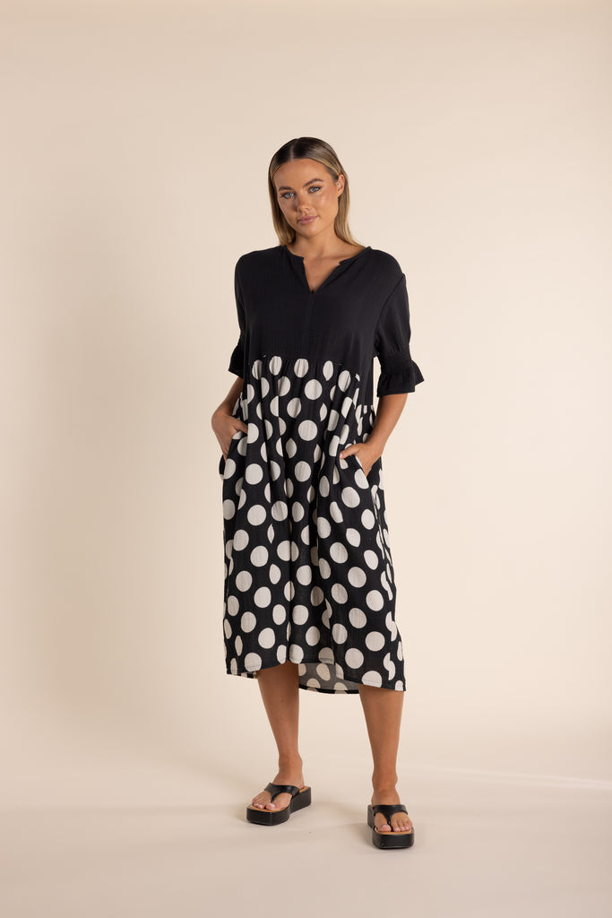 Spot Print Dress With Contrast Bodice By Two T's