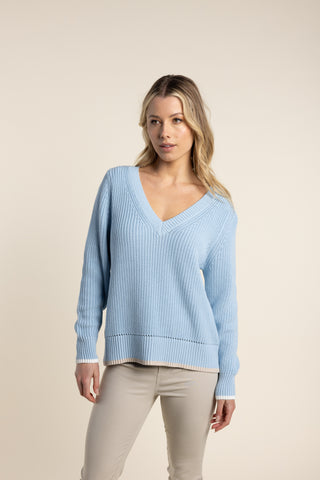 V Neck Knit With Contrast Tipping By Two T's - Ice Blue