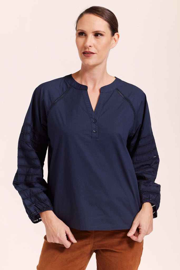 Broderie Sleeve Cotton Shirt By See Saw - Navy