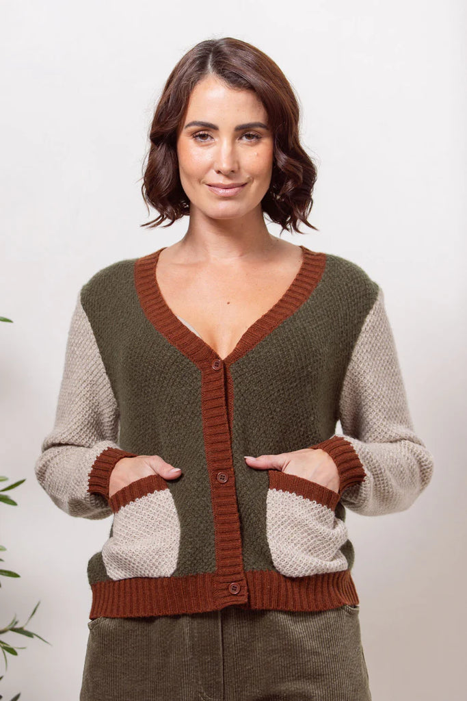 Spliced Moss Stitch Cardi By See Saw - Khaki Combo