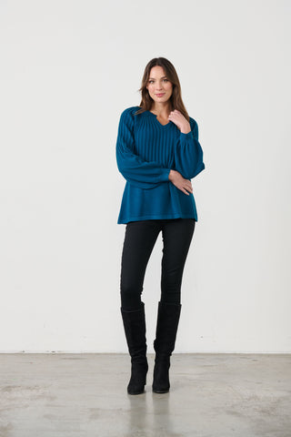 Half Rib Puff Sleeve Knit Top By Caju - Blue