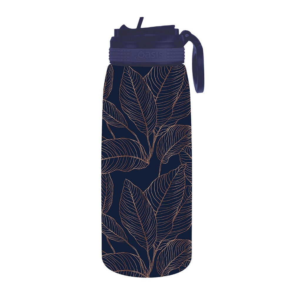 Oasis Insulated Sports Bottle With Straw - Navy Leaves