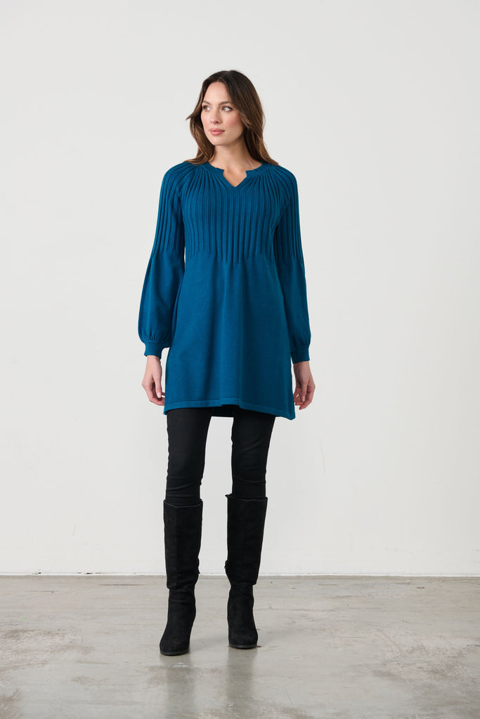 Half Rib Puff Sleeve Knit Dress By Caju - Blue