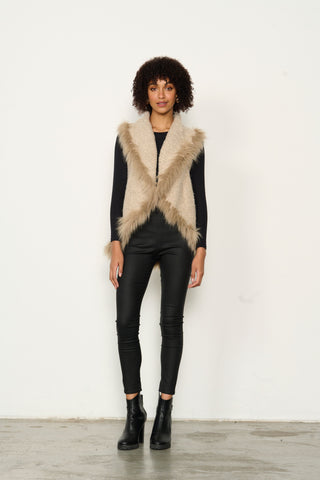 Faux Fur Trim Knit Vest By Caju - Almond