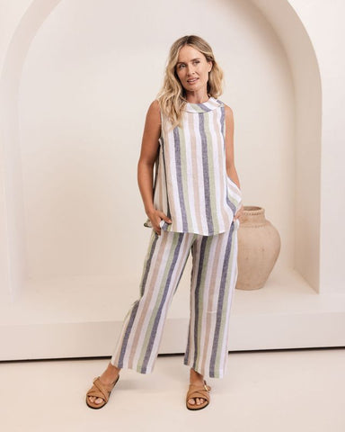 7/8 Wide Leg Linen Pant By See Saw - Pistachio Stripe