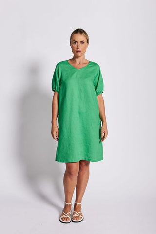 Linen V Neck Swing Dress By See Saw - Emerald