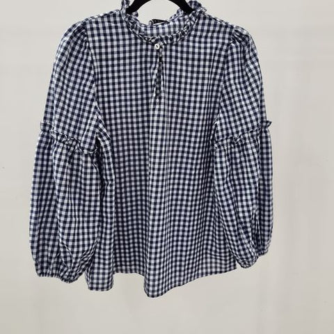 Check Ruffle Collar Shirt By See Saw - Navy/White